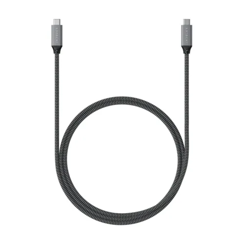 Satechi USB-C ja USB-C vaheline halli värvi punutud tekstiilkaabel, millel on sirged metallist USB-C pistikud, mis on ringikujuline ja mille otsad on suunatud ülespoole.