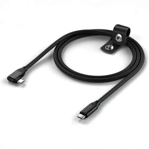 Satechi black braided USB-C to USB-C right-angle cable with cable strap, coiled for charging and data transfer