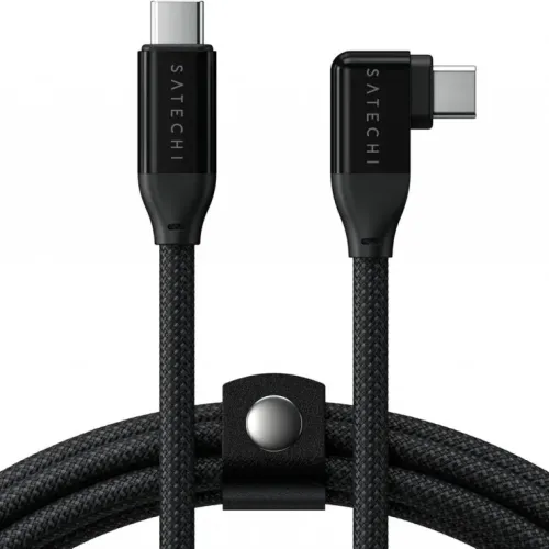 Satechi flettet USB-C-til-USB-C-kabel med rettvinklet kontakt og Satechi-logo, svart, for lading og dataoverføring