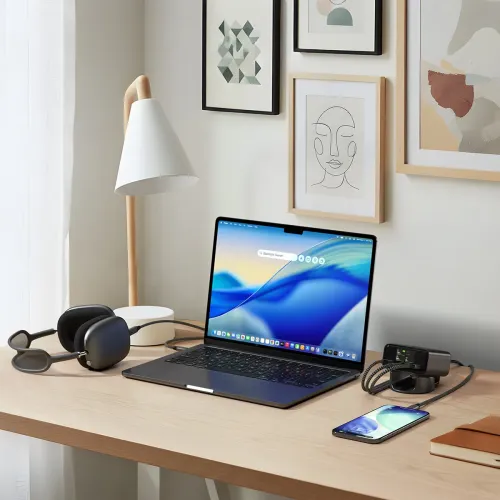 Satechi ChargeView 140W-bordsladdare på stativ, som laddar en laptop och en telefon med visning av effekt i realtid.