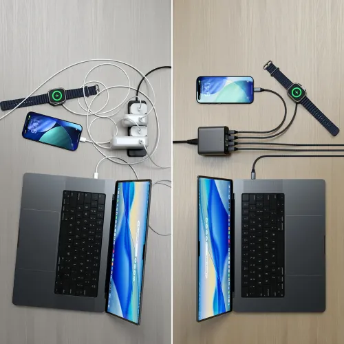 Satechi ChargeView 140W-bordsladdare som laddar en bärbar dator, telefon och smartklocka med flera USB-C-kablar