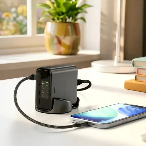 Satechi ChargeView 140W desktop charger with four USB-C ports and real-time wattage display on a desk