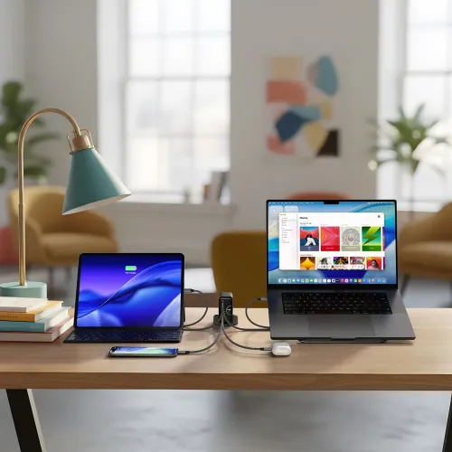 Satechi ChargeView 140W desktop įkroviklis su realaus laiko galios rodmenų ekranu, įkraunantis planšetę, telefoną ir nešiojamąjį kompiuterį