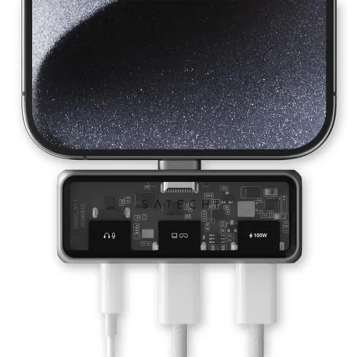 Space gray hub under phone with transparent top, three labeled ports (headphone, glasses, 100W) and three plugged-in cables.