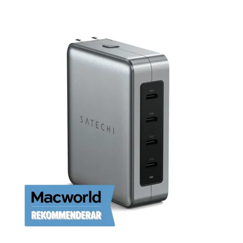 Satechi USB-C-reiselader i sølv med fire USB-C-porter PD1-PD4 på siden, SATECHI-logo på etuiet og blått Macworld-merke.