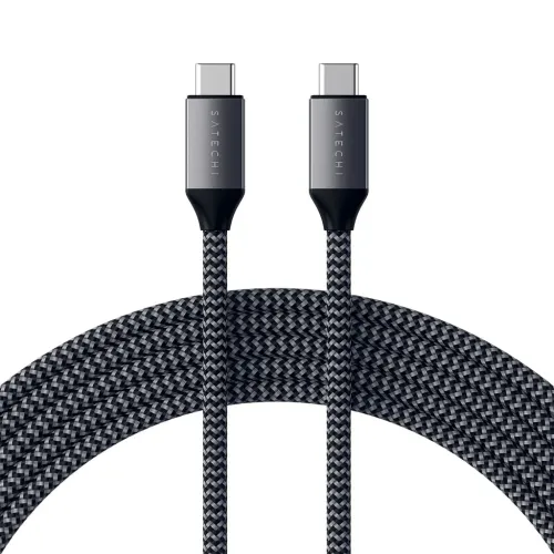 Satechi USB-C to USB-C cable with two gray metal connectors marked SATECHI and black-gray braided cord, shown partially coiled.