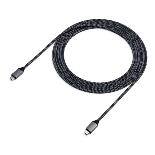 Satechi USB-C to USB-C cable in black gray braided nylon, coiled in a circle, with two visible USB-C connectors at each end.