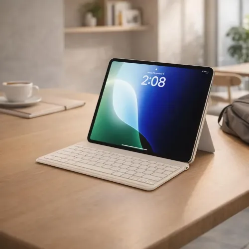 Satechi OntheGo Bluetooth-Tastatur mit Ständer und Tablet-Halterung, abgebildet in Sand mit nordischem Layout