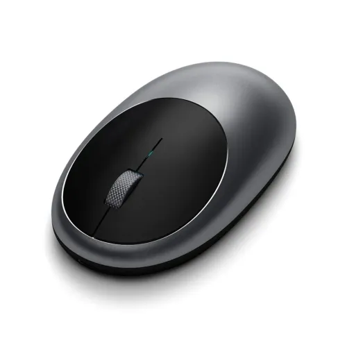 Satechi M1 mouse in space gray, low oval profile with black top, split click zones, ribbed scroll wheel and front USB-C port.