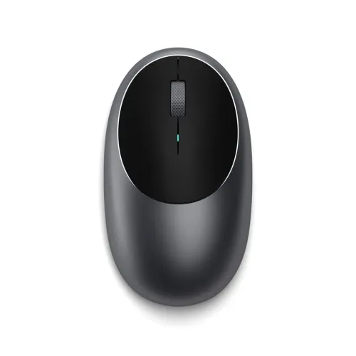 Satechi M1 mouse in space gray, top view with oval low profile, black top plate, textured scroll wheel and blue indicator in the center.