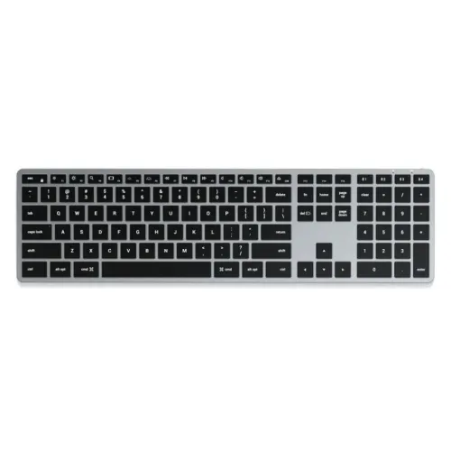 Satechi X3-tastatur i aluminium, sett ovenfra, lav profil med svarte taster, engelsk Mac-layout og numerisk tastatur.