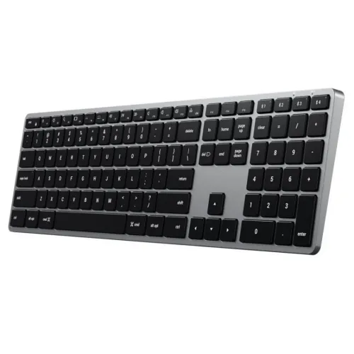Satechi X3 trådløst tastatur i romgrå aluminium med svarte lavprofiltaster, utvidet layout og numerisk tastatur, tynt.