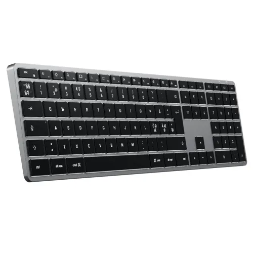 Satechi X3 trådløst tastatur med nordisk layout, numerisk tastatur og sorte chiclet-taster i space grey.
