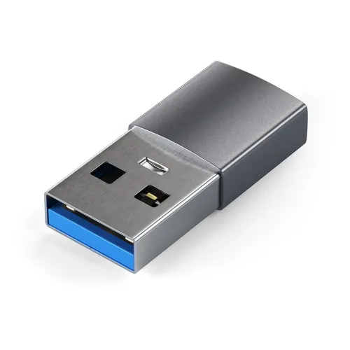 Satechi USB-A to USB-C adapter in space gray, oblique view, with USB-A connector with blue insert and compact rectangular housing.