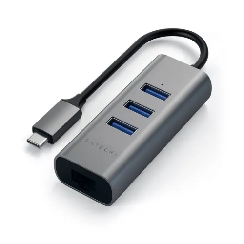 Satechi USB-C aluminiumhubb i space grey med tre blå USB-A-portar på ovansidan, LED-ljus, RJ45-port i änden och USB-C-kabel.
