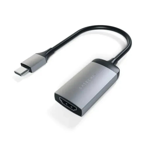Satechi USB-C to HDMI adapter in space gray brushed aluminum with short black cable, USB-C male and HDMI female at an angle.