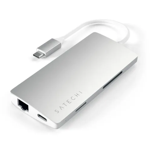 Satechi USB-C Daugelio prievadų adapteris "4K Gigabit Ethernet V2" - išplečia prievadus HDMI ir kortelių skaitytuvu - Sidabrinis