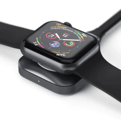 Magnetisk ladestasjon for Apple Watch i space grey, med avrundet firkantet profil og frontmontert LED, klokke på toppen.