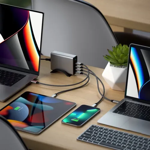 Satechi 165 W GaN PD-laddare på desktop-stativ som laddar bärbara datorer, en surfplatta och en telefon med fyra USB-C-portar