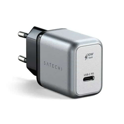 Satechi 30W USB‑C PD GaN väggladdare i silver med EU-kontakt; kantig profil, en USB‑C-port och tydlig 30W/GaN-märkning.