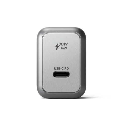 30W USB-C PD GaN väggladdare i aluminium, frontvy med en USB-C-port och märkning 30W GaN, kompakt rektangulär profil, grå.
