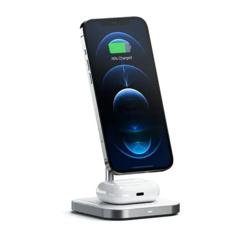 Satechi Magnetic 2-in-1 Charging Stand with iPhone on magnetic mount and AirPods Pro case on base