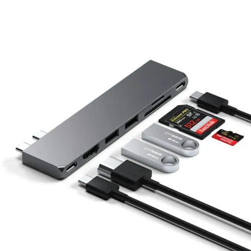 Satechi USB-C Pro Hub Slim i Space Grey med to USB-C-stik, HDMI, to USB-A-, USB-C-, SD- og microSD-porte på siden