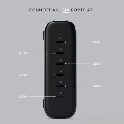Satechi 200W USB‑C 6-port GaN-laddare i rymdgrått sedd framifrån med sex USB‑C‑portar märkta PD1–PD6 och effektetiketter.