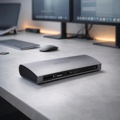 Satechi Thunderbolt 4 Dock i sølv med porte på forsiden, SD-kortslot og lydstik på en desktop-opsætning