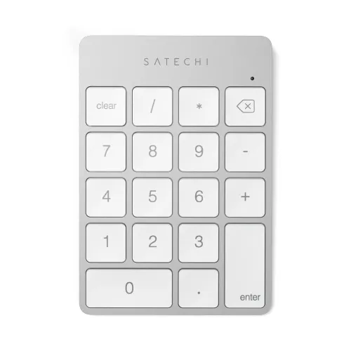 Satechi Slim Wireless Keypad i sølv, numerisk tastatur med hvite taster, myke hjørner, LED-indikator og enter.