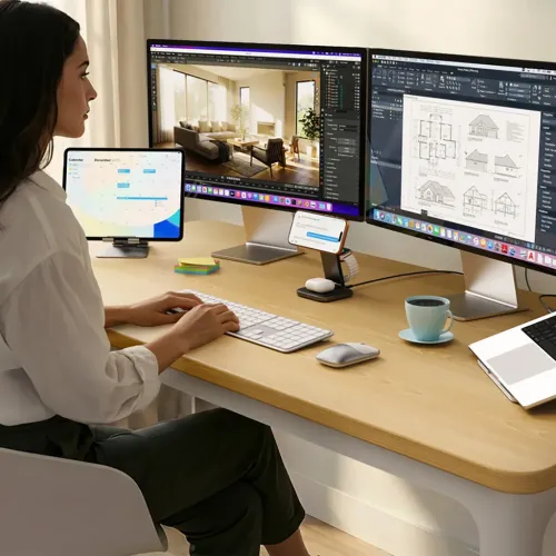 Satechi EX3, et slankt trådløst tastatur med nordisk layout på et skrivebord i et moderne arbeidsområde, brukt med flere skjermer.