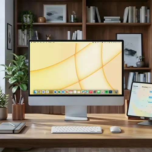 Satechi EX1 Slim trådlöst tangentbord med nordisk layout på ett hemmakontorsskrivbord bredvid en surfplatta och en mus