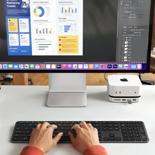 Satechi EX3 Slim Wireless Keyboard i svart, nordisk layout, på ett skrivbord med händer som skriver