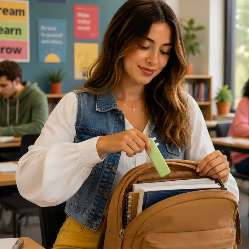 Satechi USB-C Snap Hub for MacBook Neo i citrusgrönt, visad som ett kompakt 6-i-1 USB-C-nav i en ryggsäck