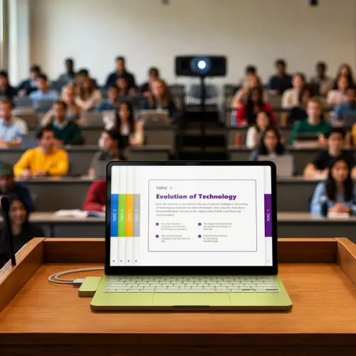 Satechi USB-C Snap Hub neben einem MacBook in einem Präsentations-Setup im Klassenzimmer befestigt