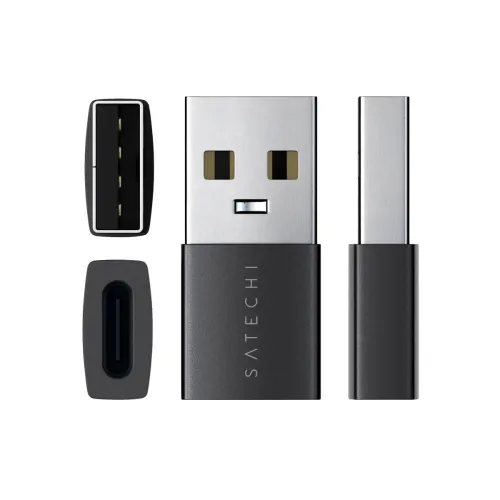 Adaptateur Satechi USB-A vers USB-C au design compact noir et argent, présenté sous plusieurs angles