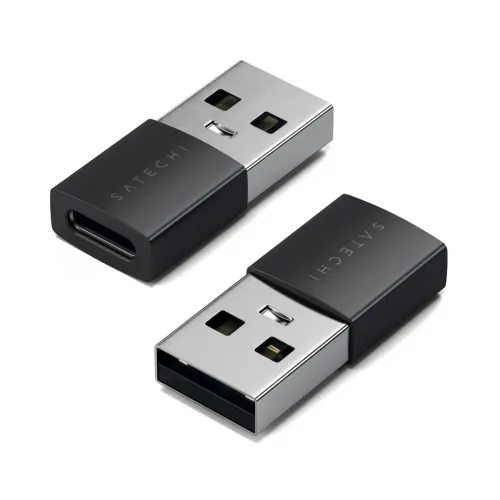 Deux adaptateurs Satechi USB-A vers USB-C, noir et argent, pour le transfert de données uniquement