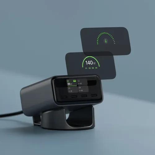 Satechi ChargeView 140W desktopladdare – EU Typ C – watt per port i realtid - Rymdsvart