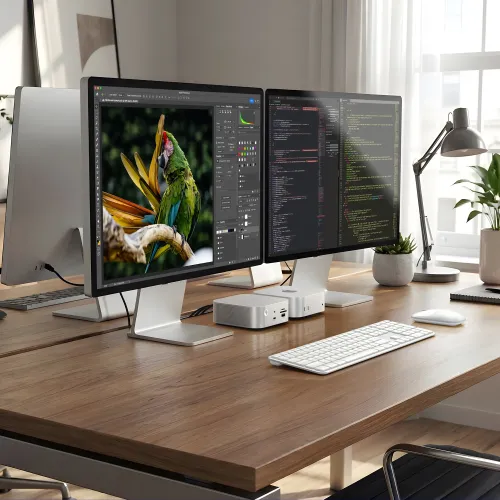 Sidabrinė Satechi Thunderbolt 5 CubeDock desktop jungčių stotelė darbo vietoje, pavaizduota su monitoriais ir prijungtais kabeliais