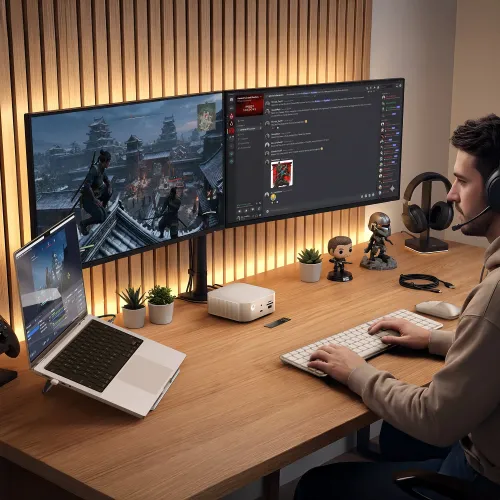 Satechi Thunderbolt 5 CubeDock, vit desktop-dockningsstation med portar på framsidan i en modern hemmakontorsmiljö