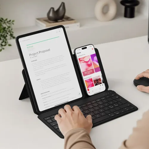 Satechi OntheGo Bluetooth-klaviatuur alusega, must, laual tahvelarvuti ja nutitelefoniga