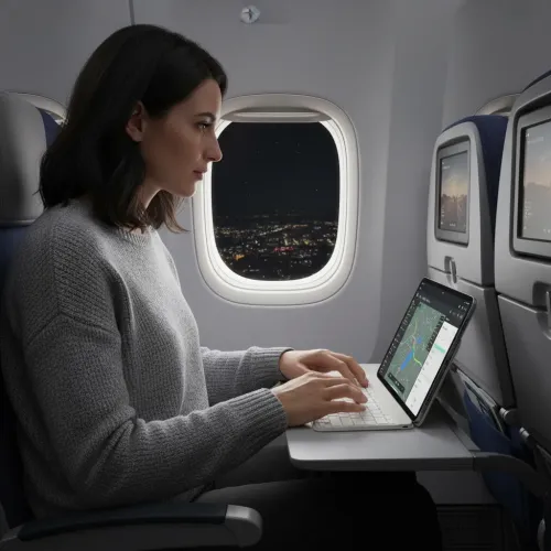 Satechi OntheGo Nordic klaviatuur tahvelarvuti alusega, mida kasutatakse lennuki klapplaual reisi ajal kirjutamiseks