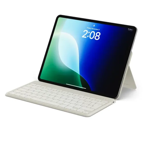 Satechi OntheGo Nordic Bluetooth keyboard with built-in stand, holding a tablet in landscape