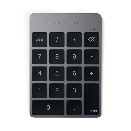 Satechi Slim Wireless Keypad i romgrå aluminium, numerisk tastatur med svarte taster, avrundede hjørner og LED-lys på toppen.