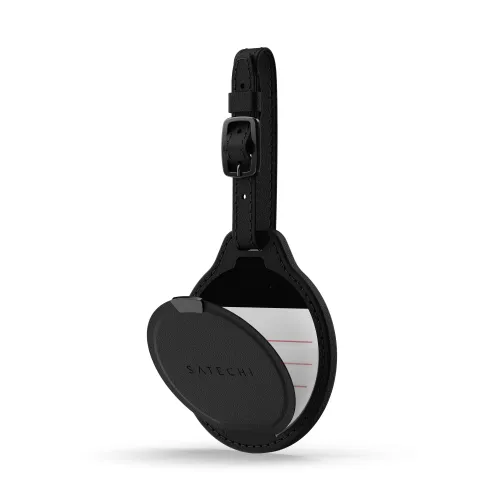 Satechi black vegan leather luggage tag with strap and buckle, featuring Apple Find My tracking