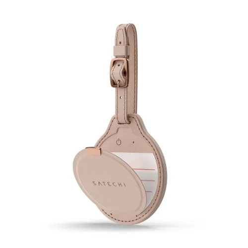 Satechi FindAll vegan leather luggage tag in Desert Rose, open with strap, buckle and card insert