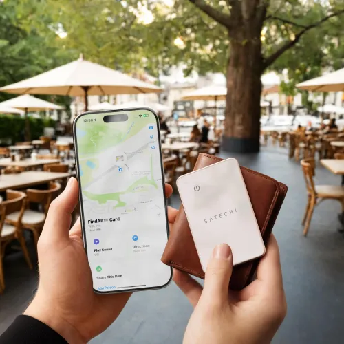 "Satechi FindAll" dykumos rožinės spalvos piniginė kortelė, laikoma šalia rudos spalvos piniginės, šalia iPhone su funkcija "Find My map", lauke prie kavinės stalo.