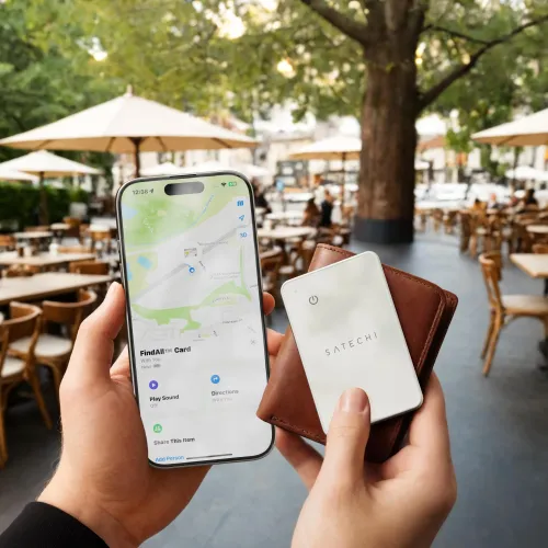 Satechi FindAll maka karte ar Apple Find My lietotni iPhone tālrunī, attēlota blakus ādas makam