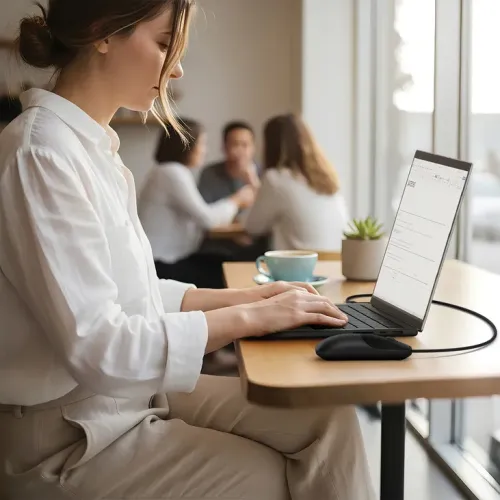 Satechi Slim LX kablet mus i Space Black ved siden af en laptop, med stille klik og præcis rulning