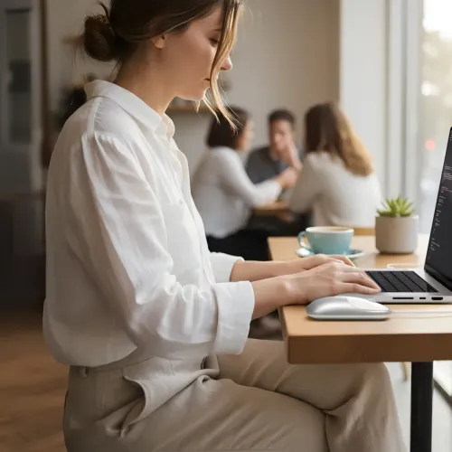 Satechi Slim LX Wired Mouse on a desk beside a laptop, shown in a quiet everyday work setup